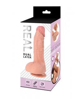 Реалистичный фаллоимитатор REAL Dual Layer с мошонкой на присоске, dual PVC,21,5х4,6 см.