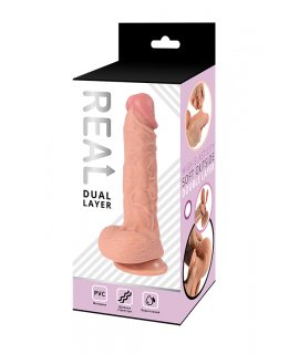 Реалистичный фаллоимитатор REAL Dual Layer с мошонкой на присоске, dual PVC, 23х4 см.