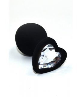 Черная анальная пробка из силикона с прозрачным кристаллом в форме сердца (Medium)
